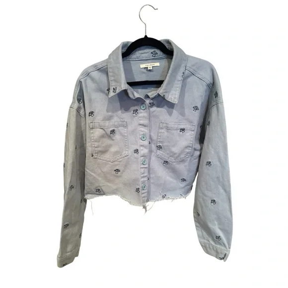 PacSun Women’s Dreamy Cropped Size M/L Mushroom Embroidered Denim Jacket - Picture 2 of 8